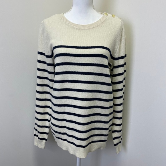 J. Jill Sweaters - J. Jill Womens Small Tall Striped Button Shoulder Crewneck Sweater Cream Navy
